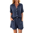 thumbnail image 2 of ClodeEU Women's 2 Piece Linen Cotton Outfits,Collared Button Down Shirt and High Waist Wide Leg Shorts Set,Casual Summer Loungewear with Pockets Navy,Women's Plus M, 2 of 8