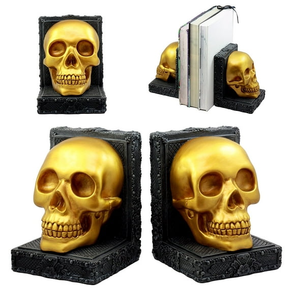 Ebros Pirate's Treasure Golden Skull Bookends Set 7"H Medieval Floral Gothic Theme Resin Sculpture