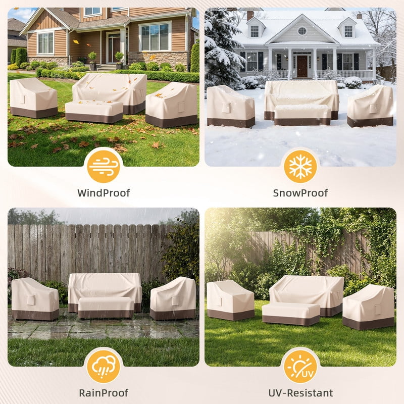 Patiobula Patio Furniture Covers, 4 Piece Outdoor Furniture Covers Waterproof, 600D Heavy Duty Tear-Resistant Patio Chair Covers with Windproof Buckle Strap and Adjustable Drawstring, Brown