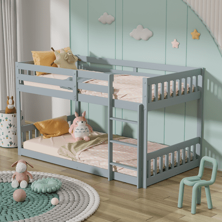 JOYMOR Twin over Twin Low Bunk Bed, Solid Wood Frame with Guardrails & Ladder for Toddlers/Kids/Junior/Teens, No Box Spring Needed, Gray