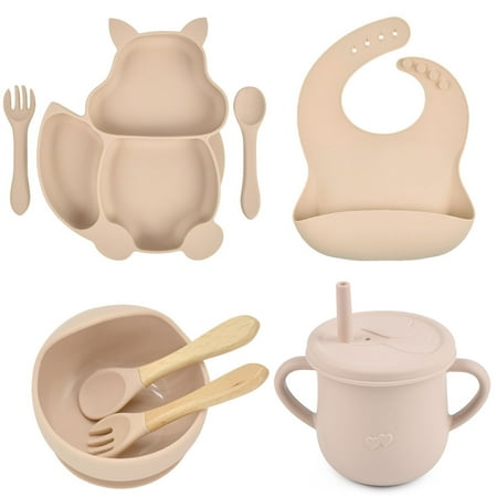 

8pcs Baby Feeding Set Food-grade Silicone Baby Tableware Set BPA-free Self-Feeding Baby Cutlery Set Learn to Eat on Your Own Infant Dinnerware Set for Christmas Gift