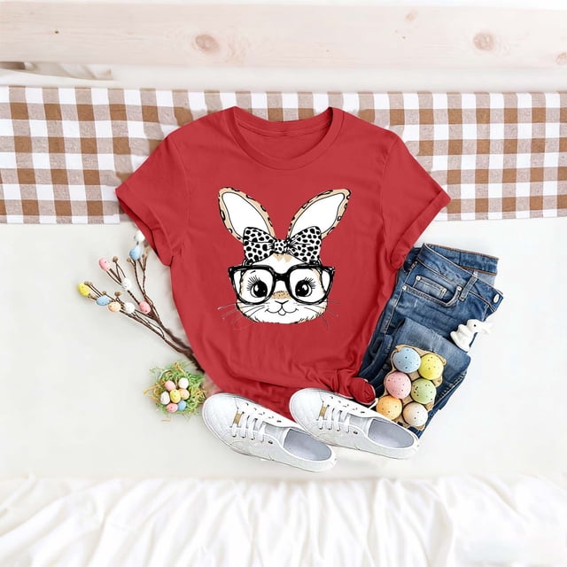TaTaai Women's Cotton Easter Bunny Tee Short Sleeve Crew Neck Printed Loose Fit Casual Summer Top Family Egg Hunt Daily Wear Gift