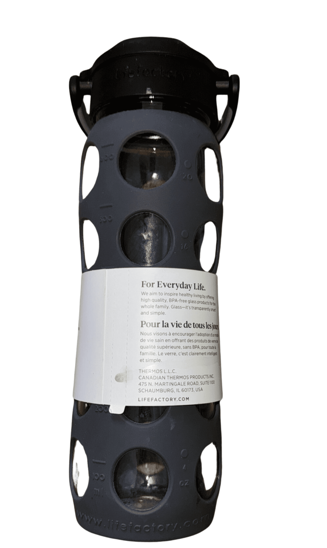 Lifefactory 22 oz Glass Water Bottle Onyx Flip Straw Lid Silicone Sleeve Black