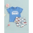 thumbnail image 2 of Newborn Boys 2PCS Outfits Cartoon Truck Printed Short Sleeve Round Neck T-Shirt + Elastic Waist Short Pants, 2 of 9