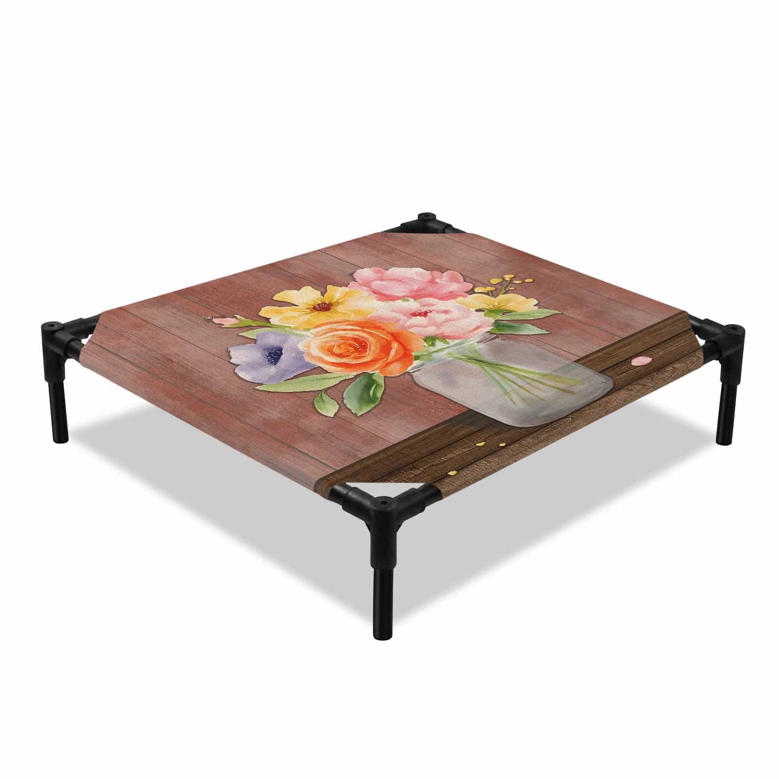 Floral Vase Elevated Dog Bed Watercolor Colored Floral Vase Red Wood Grain Cooling Breathable Outdoor Raised Dog Cot Bed with Metal Frame Non-Slip Feet for Small Dog 20x20in