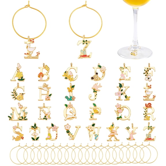 26pcs Wine Glasses Charms Alphabet Wine Glass Markers Golden Funny Cup Tag Ring Letter Charms Drink Identifiers