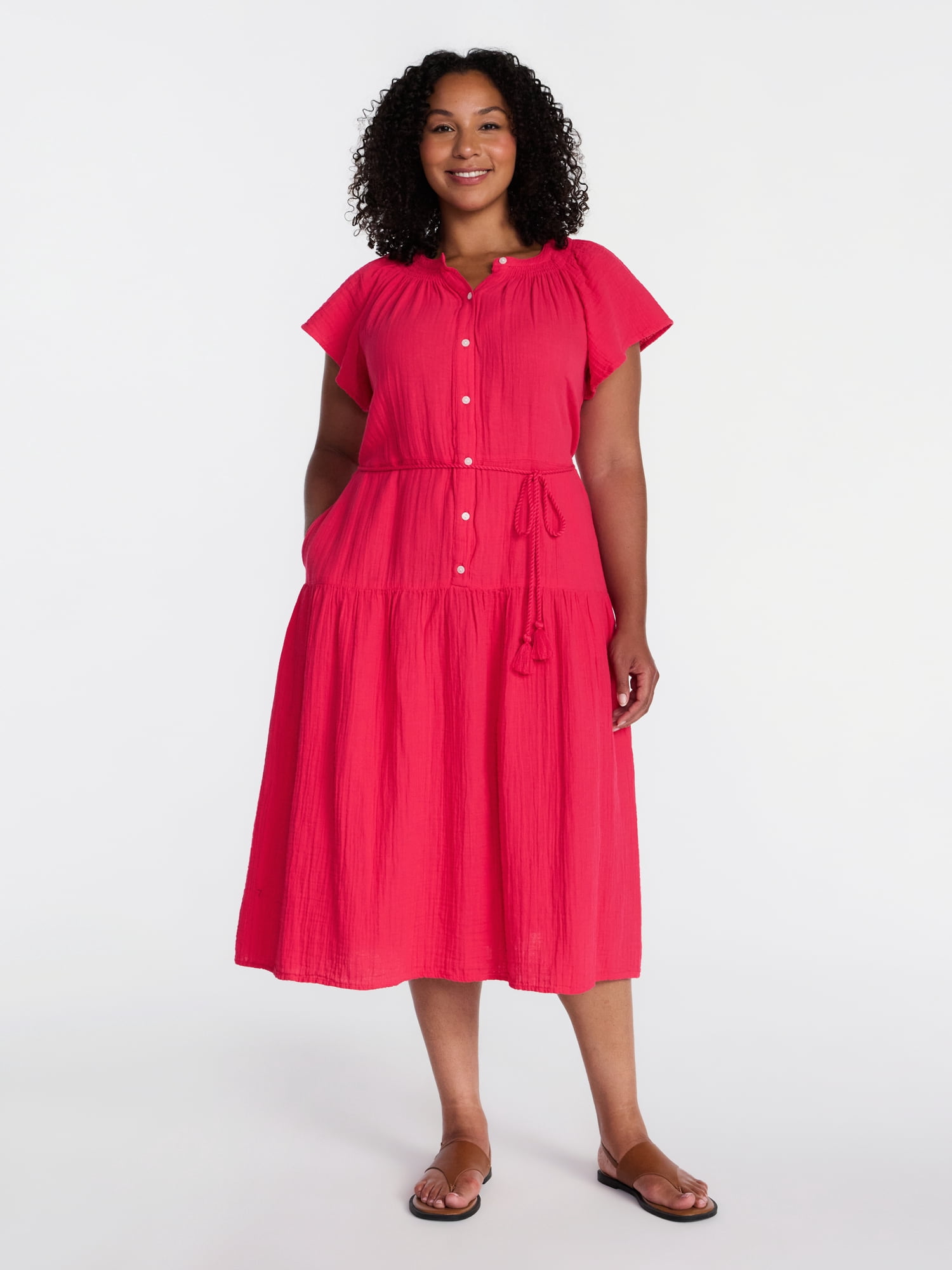 Time and Tru Women's and Women's Plus Double Cloth Midi Dress, Sizes XS-4X