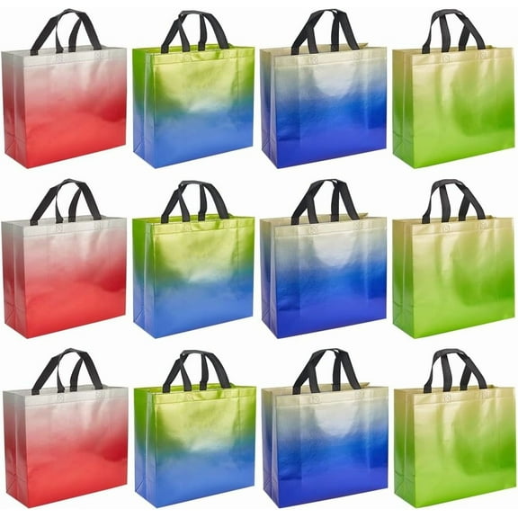 12Pcs 4 Color Gradient Medium Gift Bags Reusable Iridescent Finish Non-Woven Cloth Bags with Handles Party Favor Bag for Wedding Birthday Favor Gifts Goodie Packaging 13.78x12.8inch DIY
