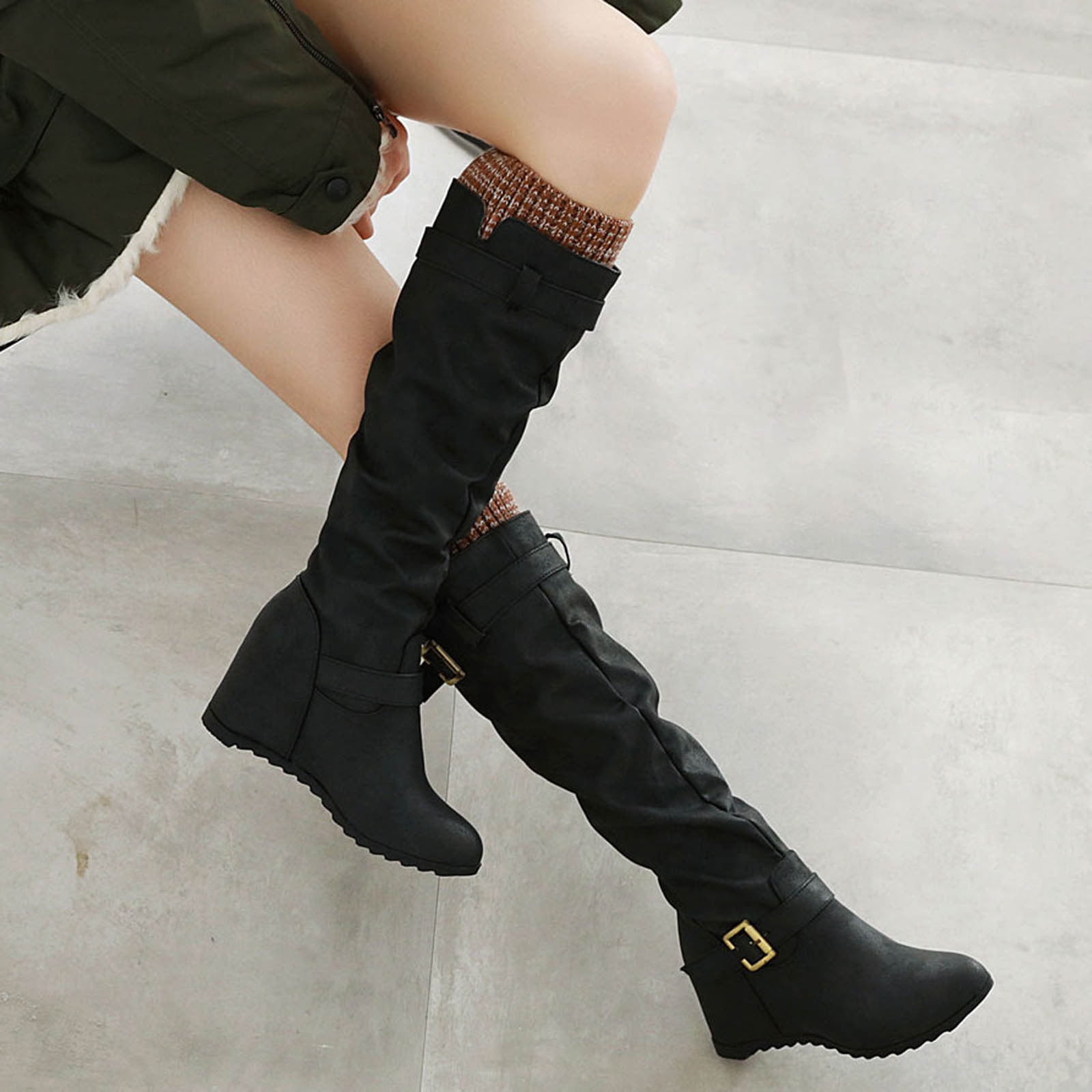 Women Shoes Round Toe Over the Knee Boots Chunky Heel Winter long Boots Black 