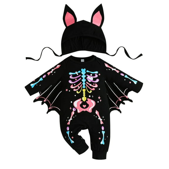 WIBACKER Baby Girl Boy Skeleton Jumpsuit Ear Hat 2PCS Outfit 3 Months-3 Years Infant Toddler Halloween Bats Costumes with Wings Cosplay Clothes