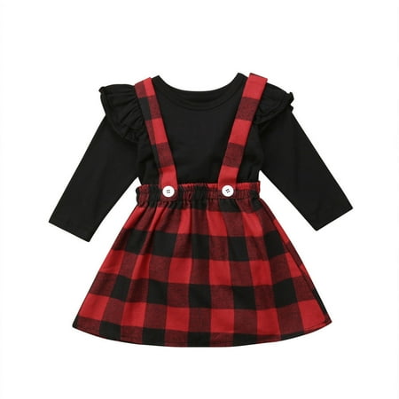 

Caitzr 2Pcs Baby Girls Outfits Long Sleeve Ruffled Solid Color T-shirt Plaids Strap Skirt Set