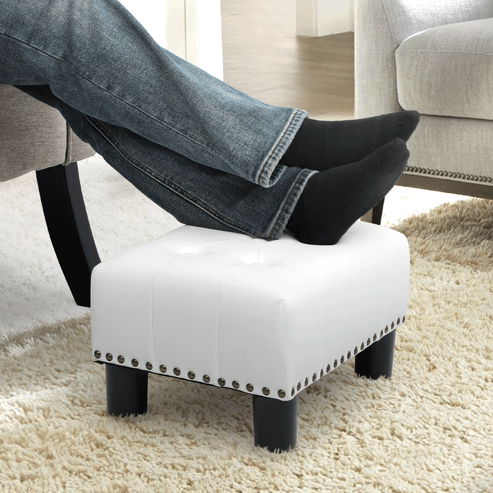 MoNiBloom Footstool Ottoman with Padded Seat, Modern PU Leather Footrest, Rectangular Seat Stool, White