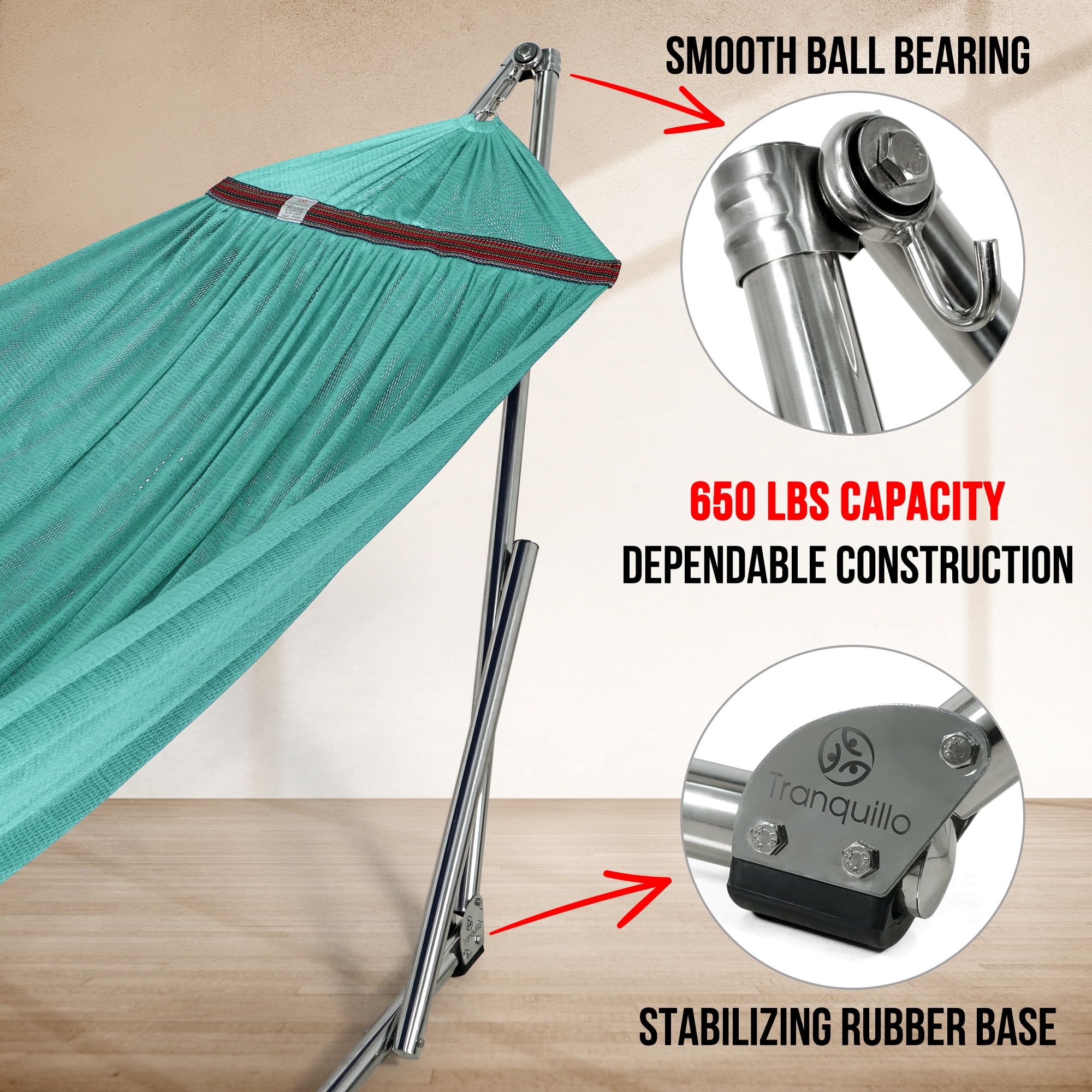 Tranquillo Double Hammock with Stand 600lb Capacity Stainless Steel Double Hammock with Spreader Bar/Sturdy Flexible Hammock Stand Portable, Outdoor Indoor, Sky