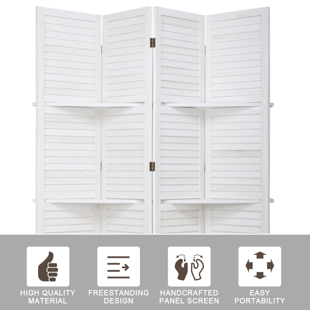 NiamVelo 4 Panel Wood Room Divider Folding Privacy Screen Portable Freestanding Room with 3 Shelves for Home Office, White