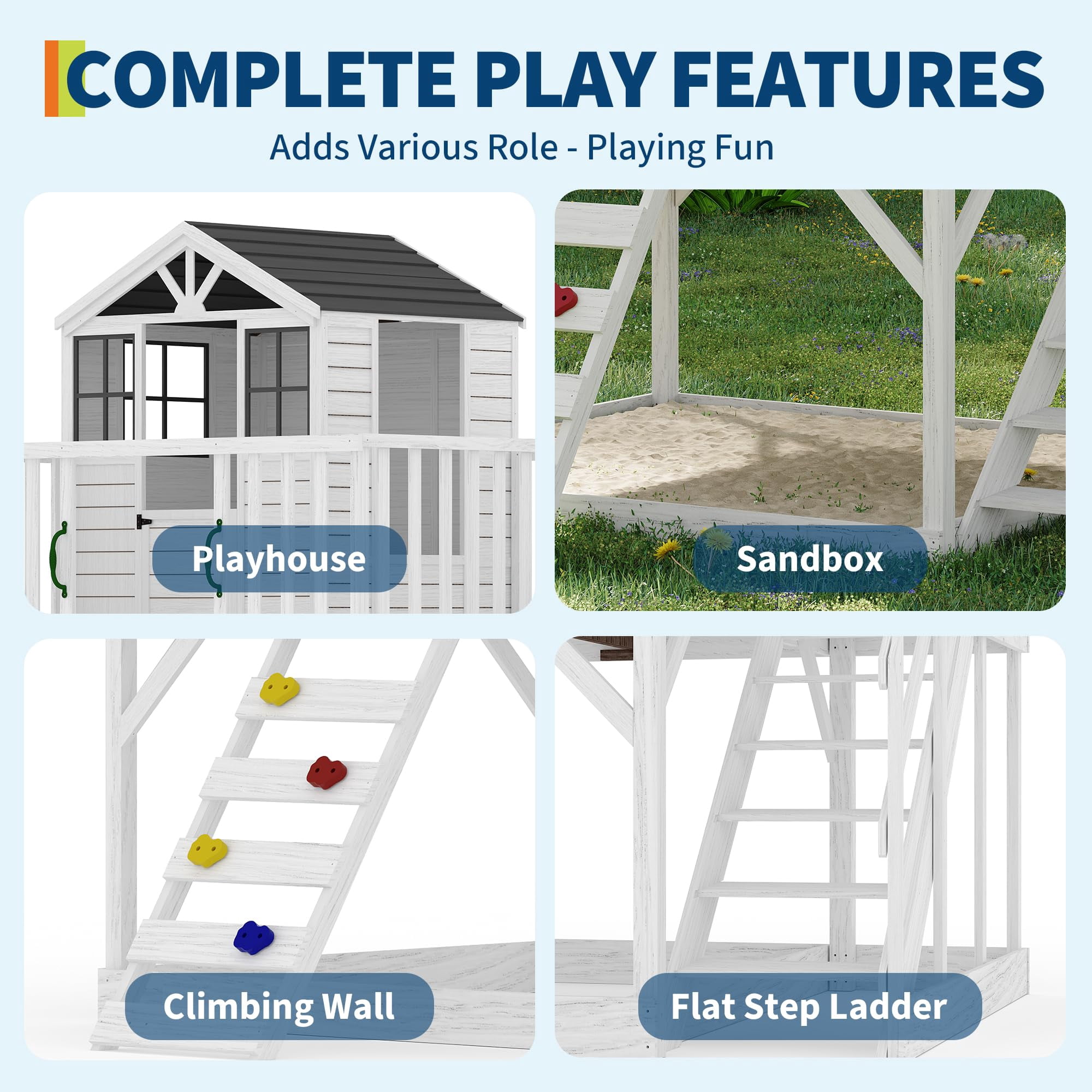 Danolapsi Kids Outdoor Playhouse with Climbing Wall, 2 Story Wooden Playhouse with Sandbox, Elevated Cedar Wooden Kids Playhouse with Step Ladder(ship in 3 boxes)