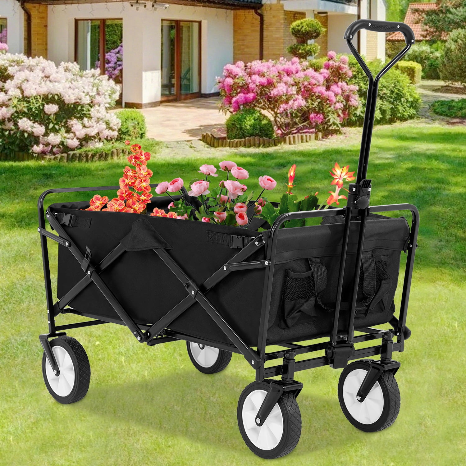 Collapsible Wagon Cart Folding Wagon Garden Cart Portable Beach Wagon with Wheels & Adjustable Handle for Garden Sport Shopping Beach Trip, Black