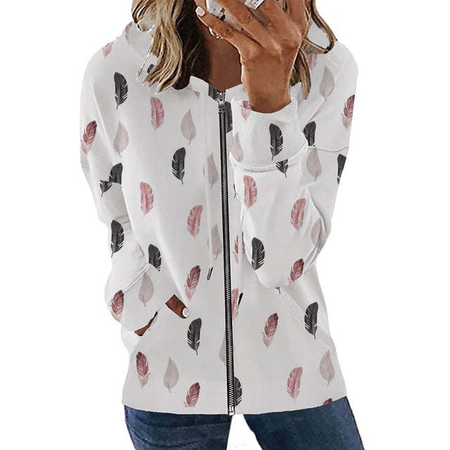 Puntoco moda mujer manga larga cremallera frente abierto suelta prendas de vestir exteriores blusa estampada abrigo Tops bolsillos blusa con capucha liquidación Puntoco Puntoco-6470