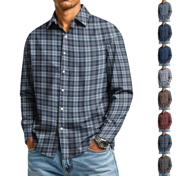Mens Button Down Shirts Plaid Long Sleeve Shirts Lapel Collar Regular Fit Striped Fall Top