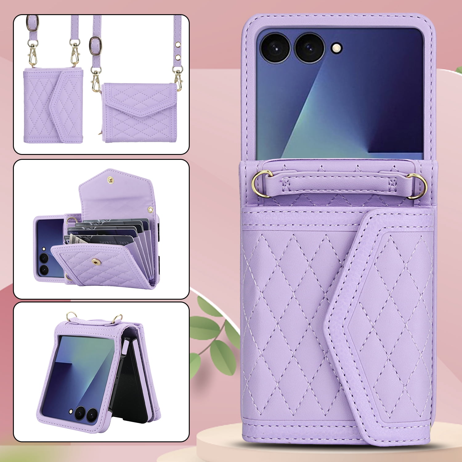 for Samsung Galaxy Z Flip 7 Elegant Case Wallet for Women, 4 Card Holder & Shoulder Strap & Wristlet Flip PU Leather Phone Case with RFID Blocking for Samsung Galaxy Z Flip 7, Lightpurple