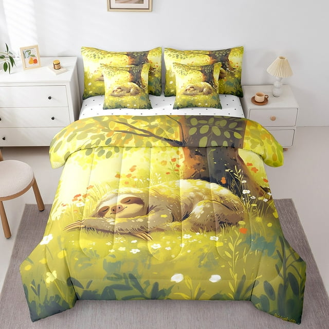 YST Cartoon Sloth Bed in a Bag 7-Piece, Jungle Wildlife Comforter Set, Queen