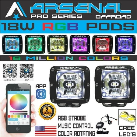 NEW 18W RGB Pro Series 3x3 PODs SPOT Light 2000 Lumens Color Changing App Cotrolled PODS Fogs 4x4 Truck 4wd Suv Tractor Jeep RZR UTV (Best Color Wheel App)