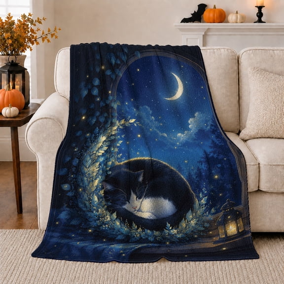 Sleeping Tuxedo Cat in Moonlit Garden, Whimsical Night Style for Cat Lovers, Lantern Foliage Scene, Soft Flannel Blanket for Bedroom and Living Room, Christmas Gift and Calm Home Decor