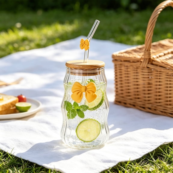 YYV 450ML Clear Vertical Ribbed Glass Cup With Bow Accent Lid And Glass Straw Stylish Iced Coffee Smoothie Tumbler Portable Drink Mug Indoor Outdoor Daily Use