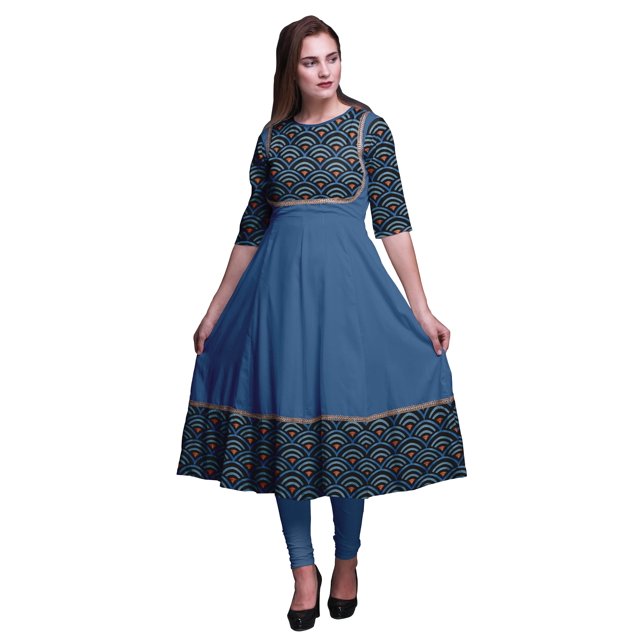 Bimba Black2 Kurtis Indiennes Imprimées à Écailles Géométriques pour Femmes Anarkali Kurti Maxi Robe Décontractée X-Grand