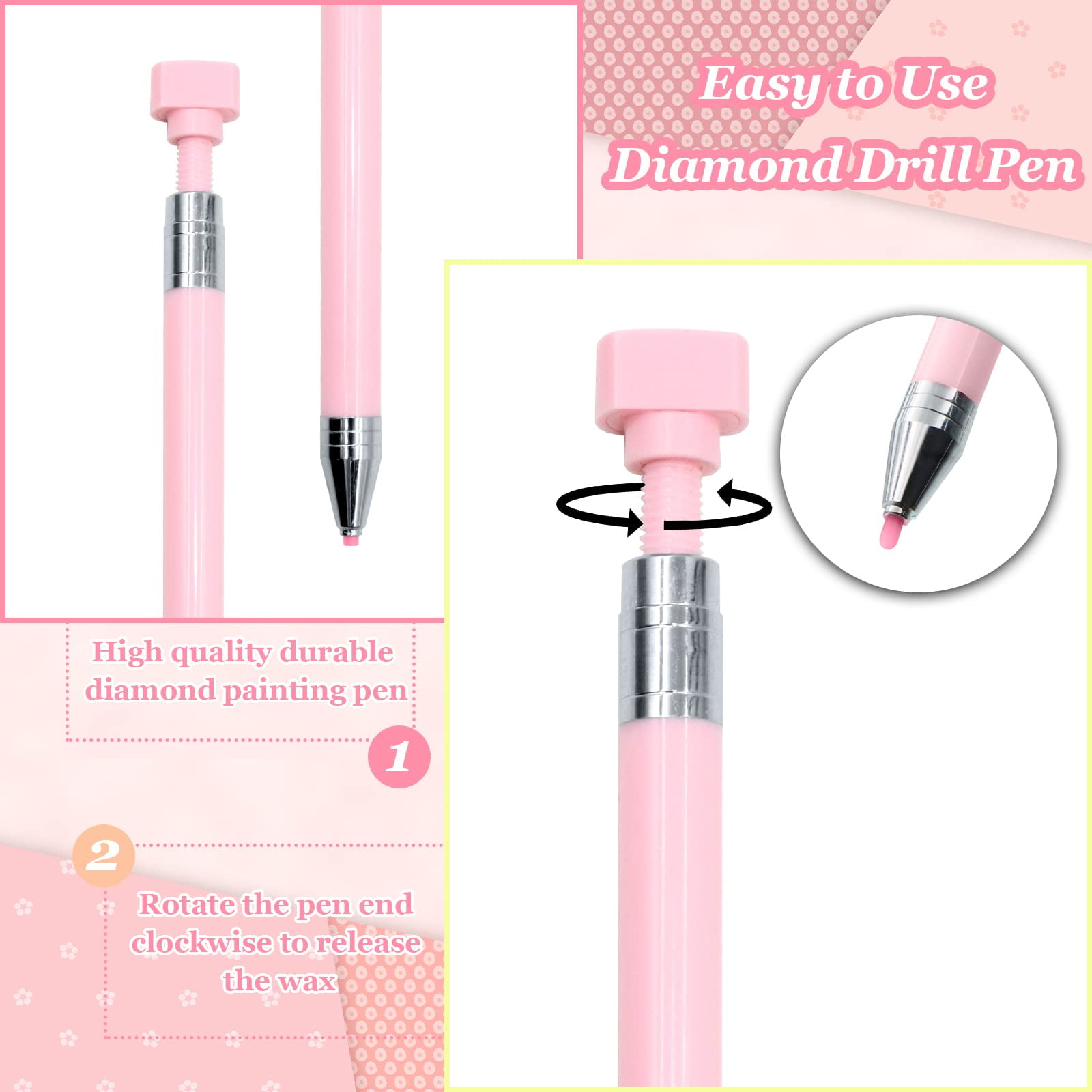 ZYNERY 21 Pcs Diamond Painting Pens Kit, 1 Pcs Refillable Wax Pen with 20 Pcs Wax, Rotating Glue Point Drill Pen for Nail Art, Diamond Art Accessories and Tools, Quickly Pick up Beads Gems (Pink)