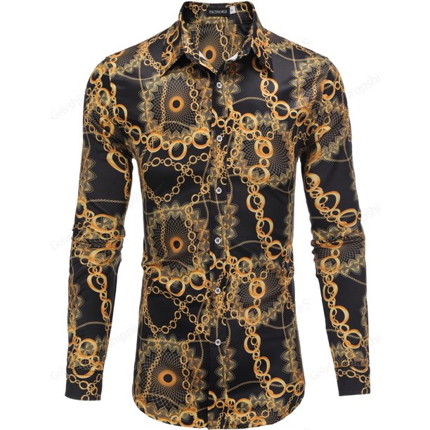 Camisa de hombre con cadena floral dorada, talla grande, camisas hawaianas de manga larga, camisa de moda para hombre y mujer, blusa de solapa de lujo con botones, nueva