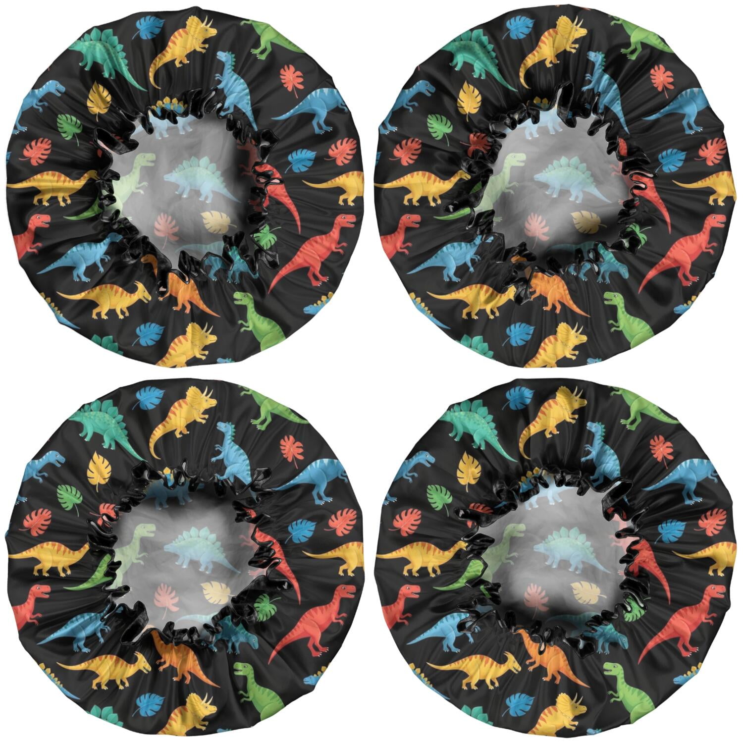 Shower Caps,Black Cartoon Dinosaurs Colorful Leaves Pattern Waterproof Shower Cap for Women 4 Pieces,Double Reusable Hair Cover for Shower PEVA Elastic Stretch Hem