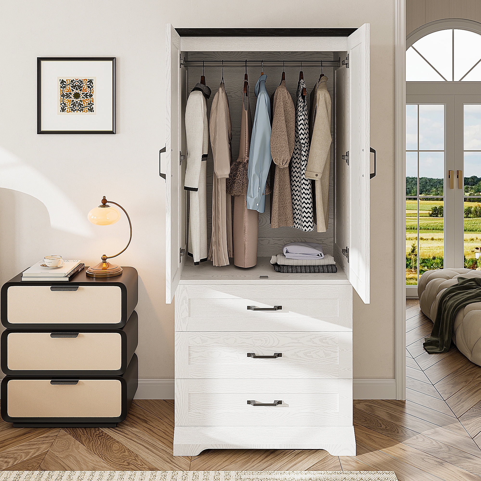 LIKIMIO 70.9"H Wardrobe Closet with Sensor Light and 3 Drawers, Wooden Bedroom Armoire Cabinet with 2-Door and Hanging Rod