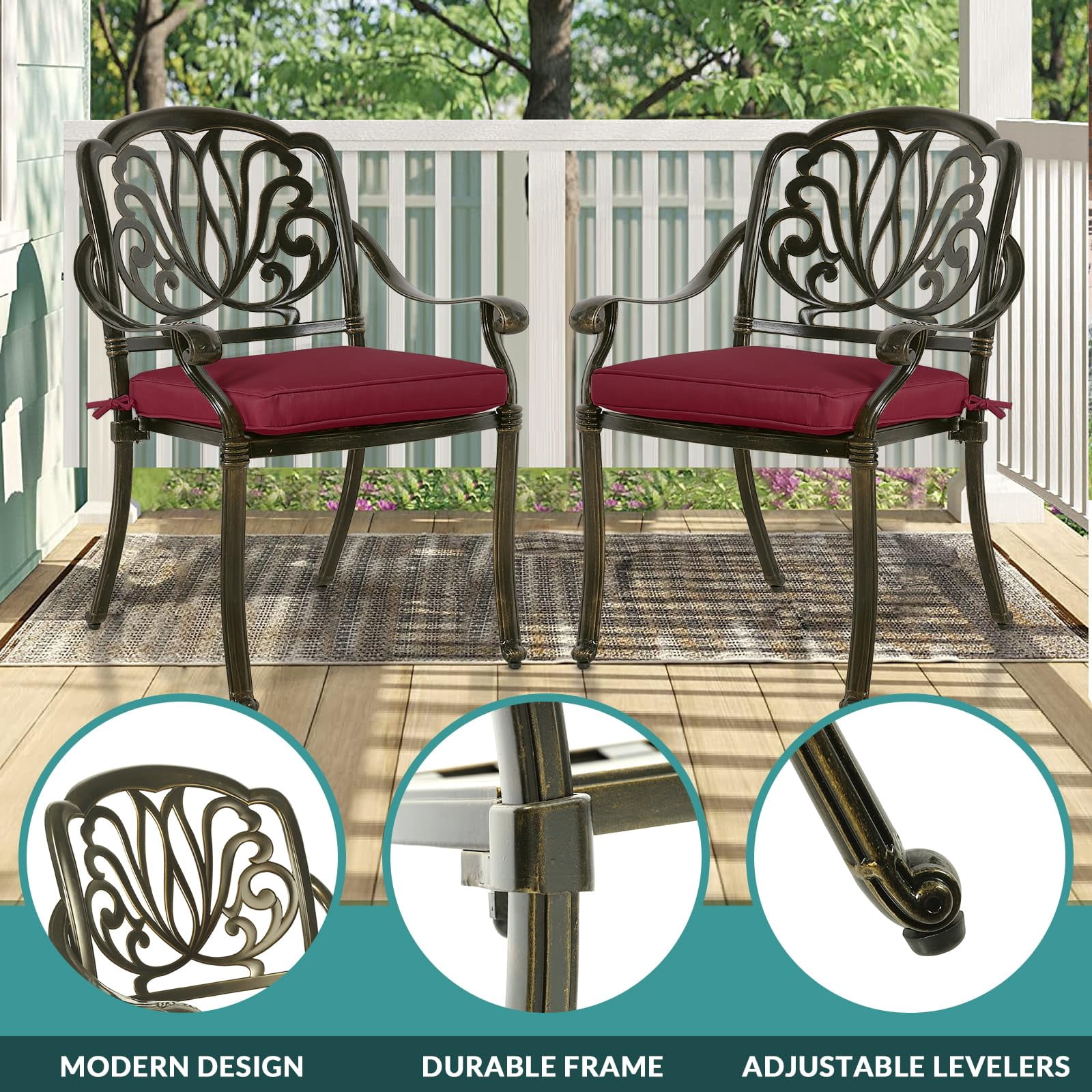 MEETWARM 9-Piece Outdoor Furniture Dining Set for 8, All Weather Cast Aluminum Patio Dining Set- Large 64" Square Table with Umbrella Hole and 8 Cushioned Chairs, Patio Table and Chairs Set, Red