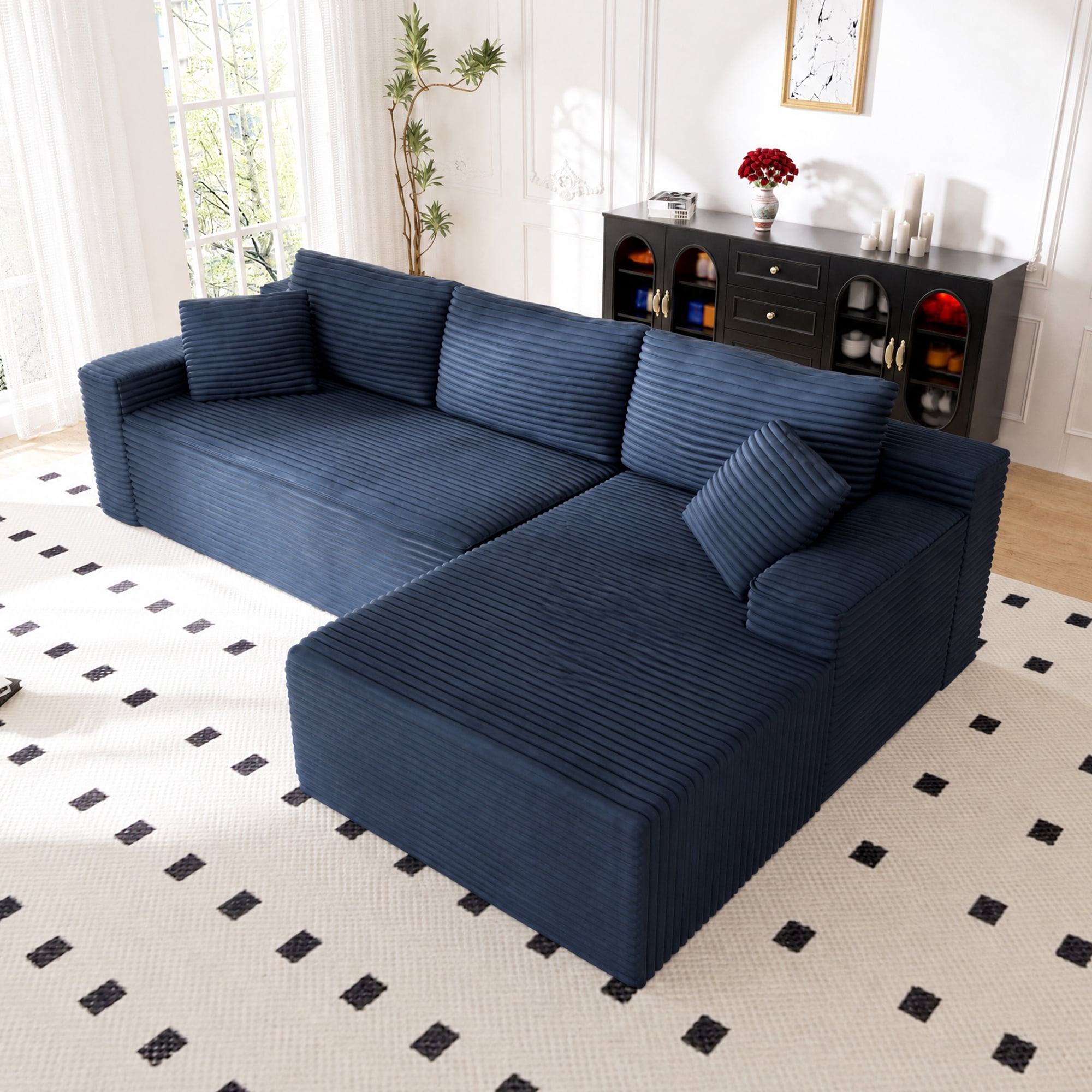 Lunale 105" Modular L-Shaped Sectional Sofa, Boneless Cloud Couch, No Assembly Required, Modern Deep Seat Corduroy Sofa for Living Room, Blue (Right Facing Chaise)