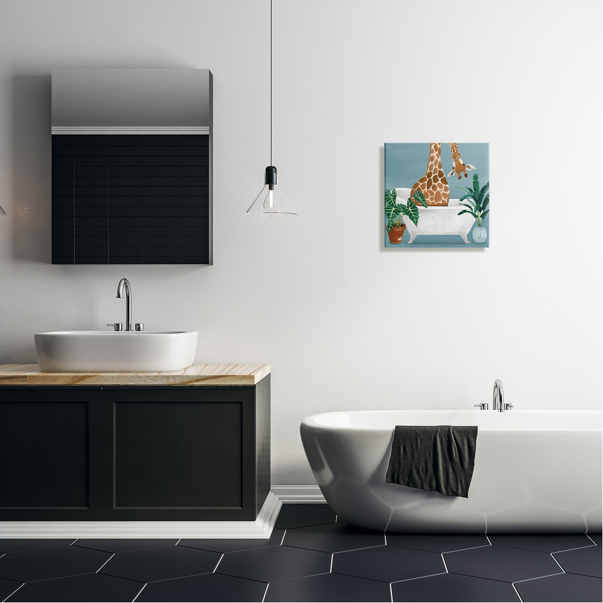 Stupell Industries Botanical Bathroom Giraffe Animals & Insects Painting Gallery Wrapped Canvas Art Print Wall Art, 17 x 17
