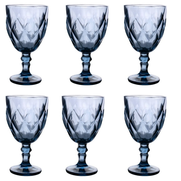 Juego 6 Copas de Vidrio Grueso con Diseño Diamante en Relieve, Capacidad 354 ml, Color Azul