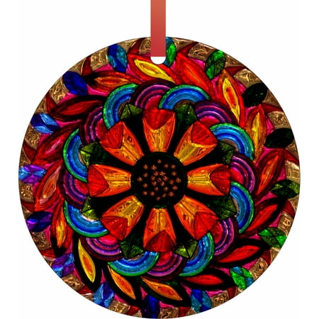 Stained Glass Style Floral Mandala Round Shaped Flat Semigloss Aluminum Christmas Ornament Tree