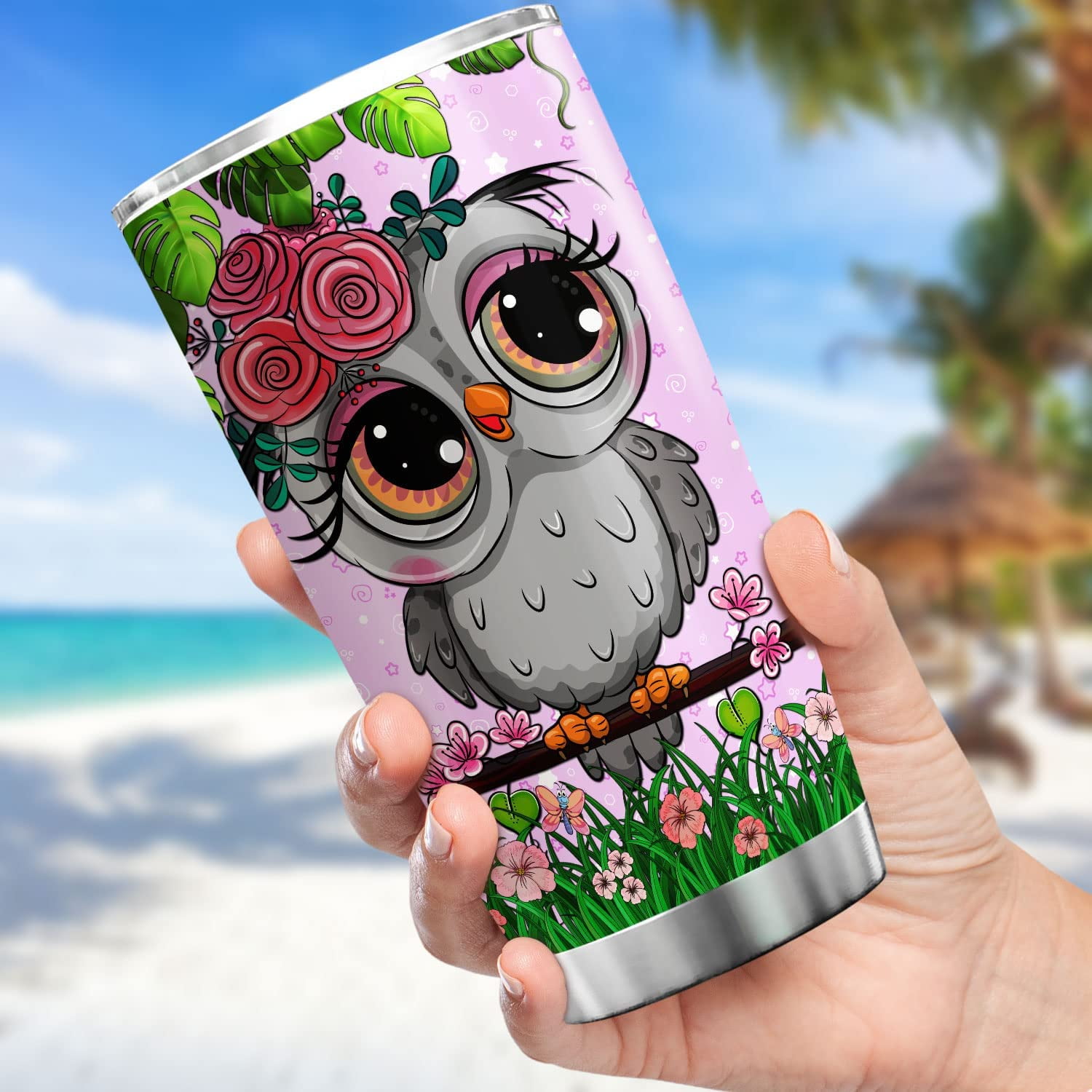 Funny Cute Pink Owl Pattern Travel Mug