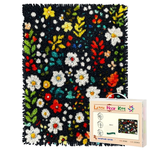 Latch Hook Rug Kit Littles Colorful Wild Flowers Pre-printed Handmade Carpet Crochet Yarn Craft DIY Hook and Latch Door Mat Tapestry for Home Floor Decoration 52x38cm-1