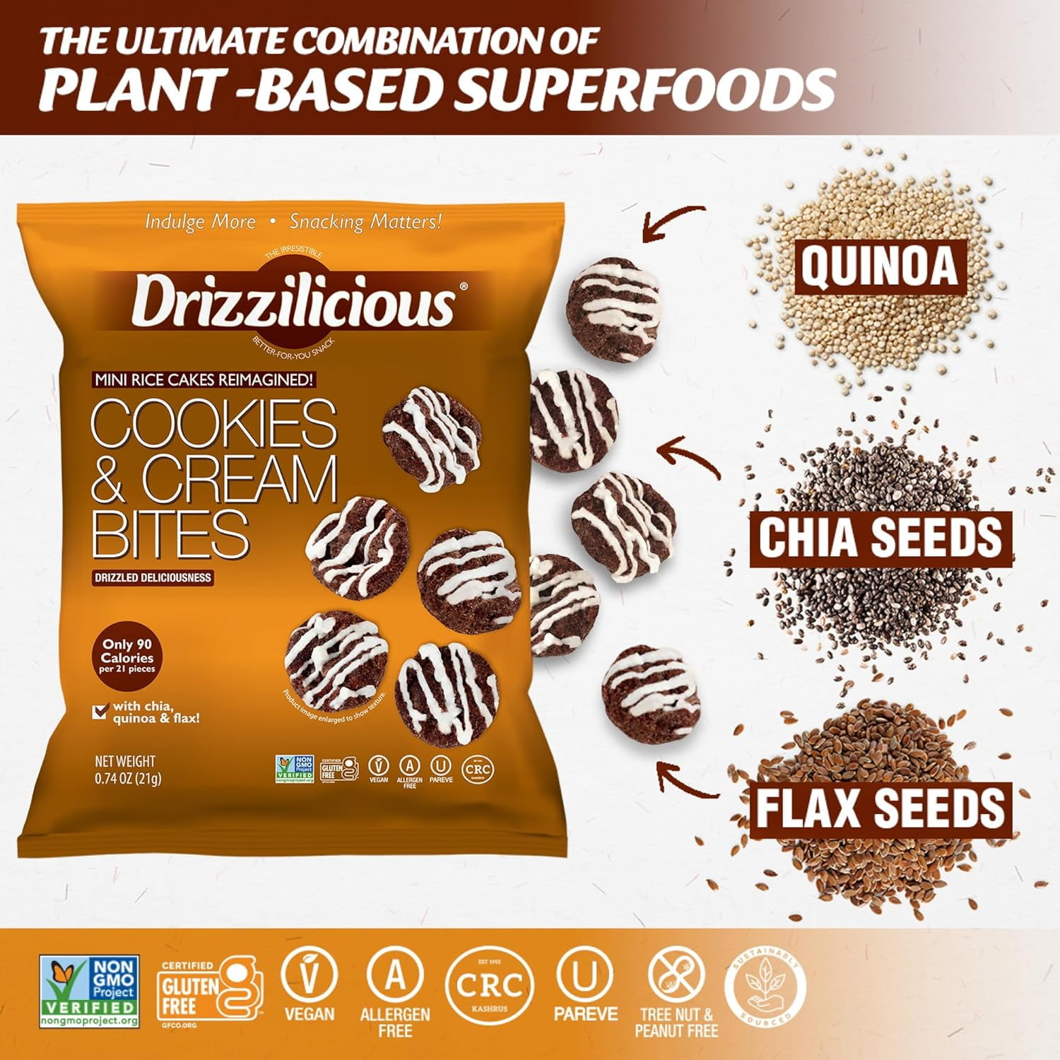 Drizzilicious Mini Rice Cakes, Cookies & Cream Flavored Rice Cake Gluten Free Snacks, Rice Crisps 10-Pack