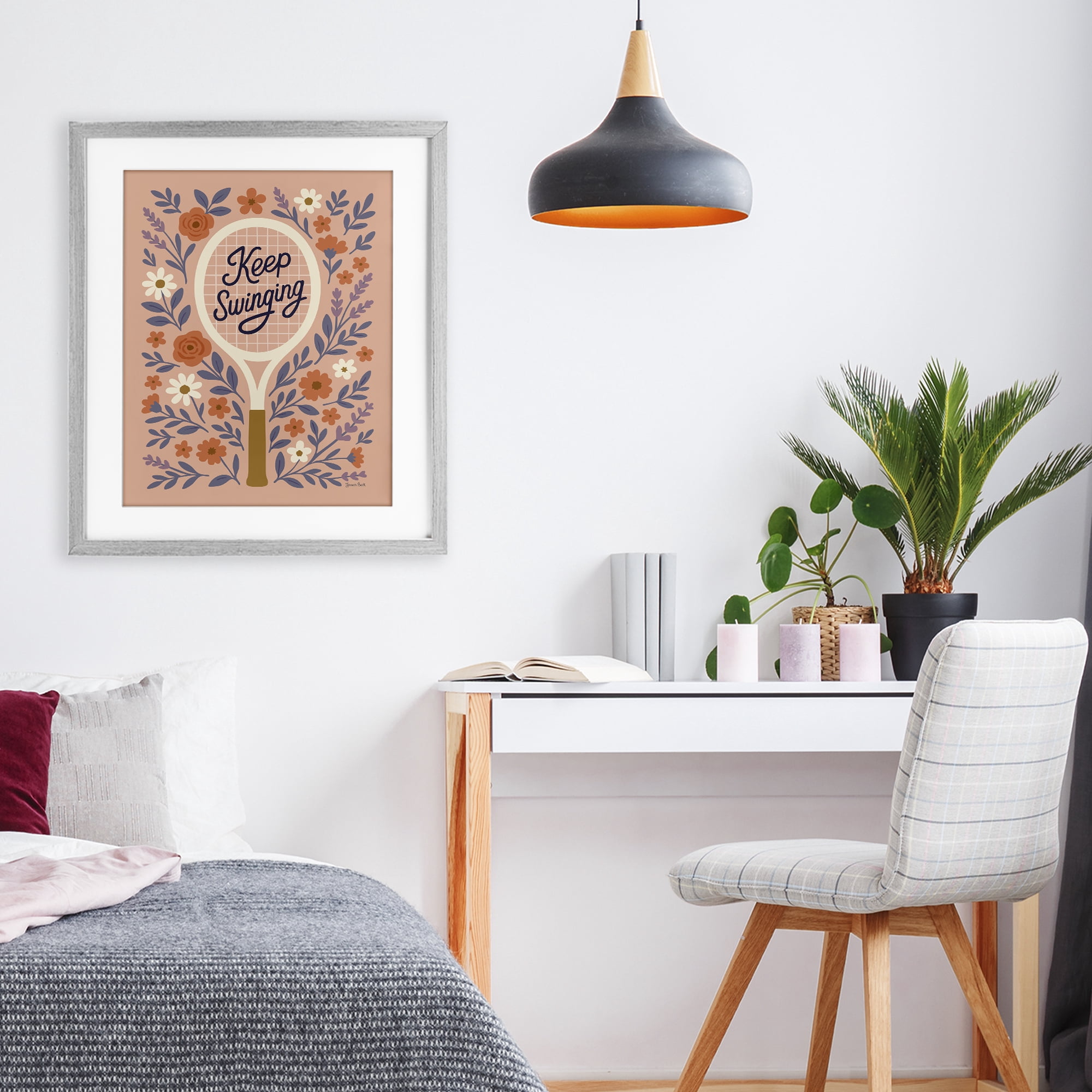 Stupell Industries Keep Swinging Floral Tennis Gray Framed Print Under Glass, design by Jessica Beck