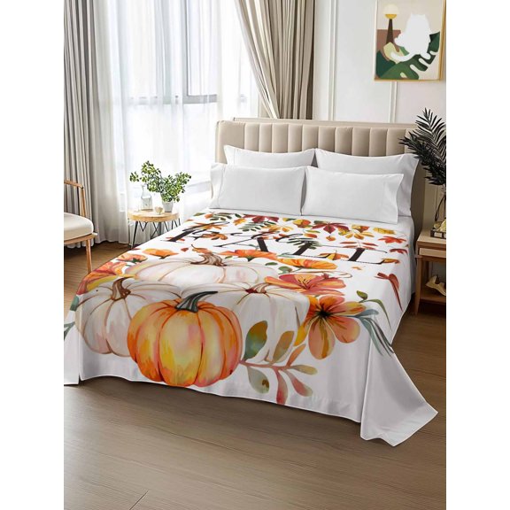 King Size Flat Sheet Only,Thanksgiving Pumpkin Harvest Soft Top Bed Sheets Breathable Bedding Sheet Fall Orange Maple Leaves Microfiber Hotel Luxury Top Sheets