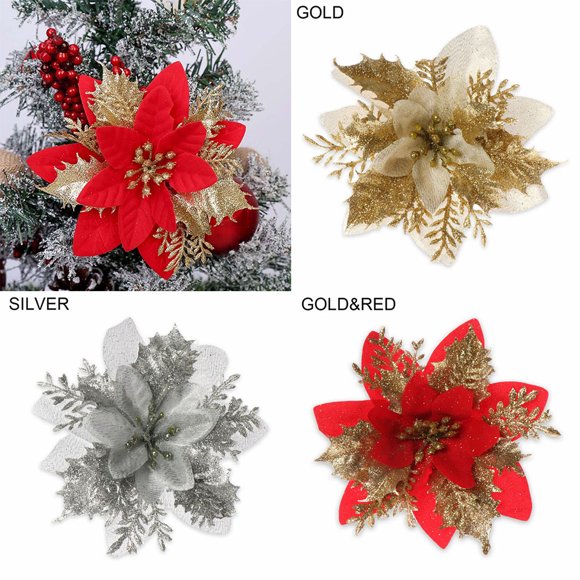 5Pcs Christmas Glitter Artificial Poinsettia Flowers Xmas Poinsettia Artificial Wedding Flowers Decorations Xmas Tree Ornaments for Party Favors, 6inch
