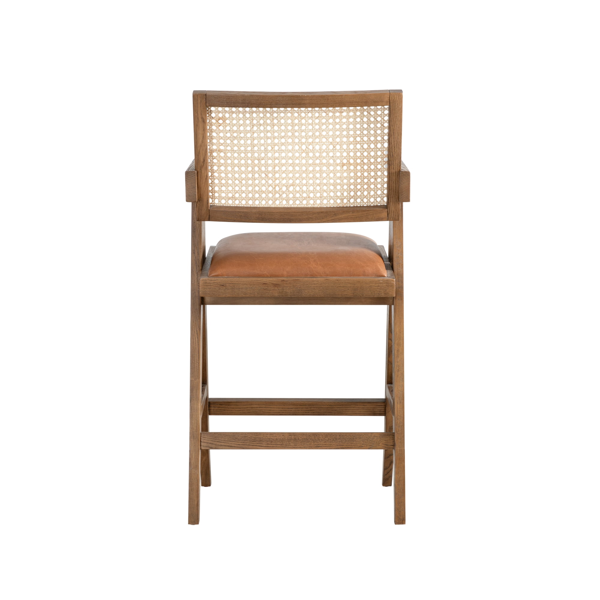 Harley Nutmeg Brown Solid Wood and Rattan Upholstered 26" Counter Height Barstool with Red/Brown Faux Leather Seat - Set of 2