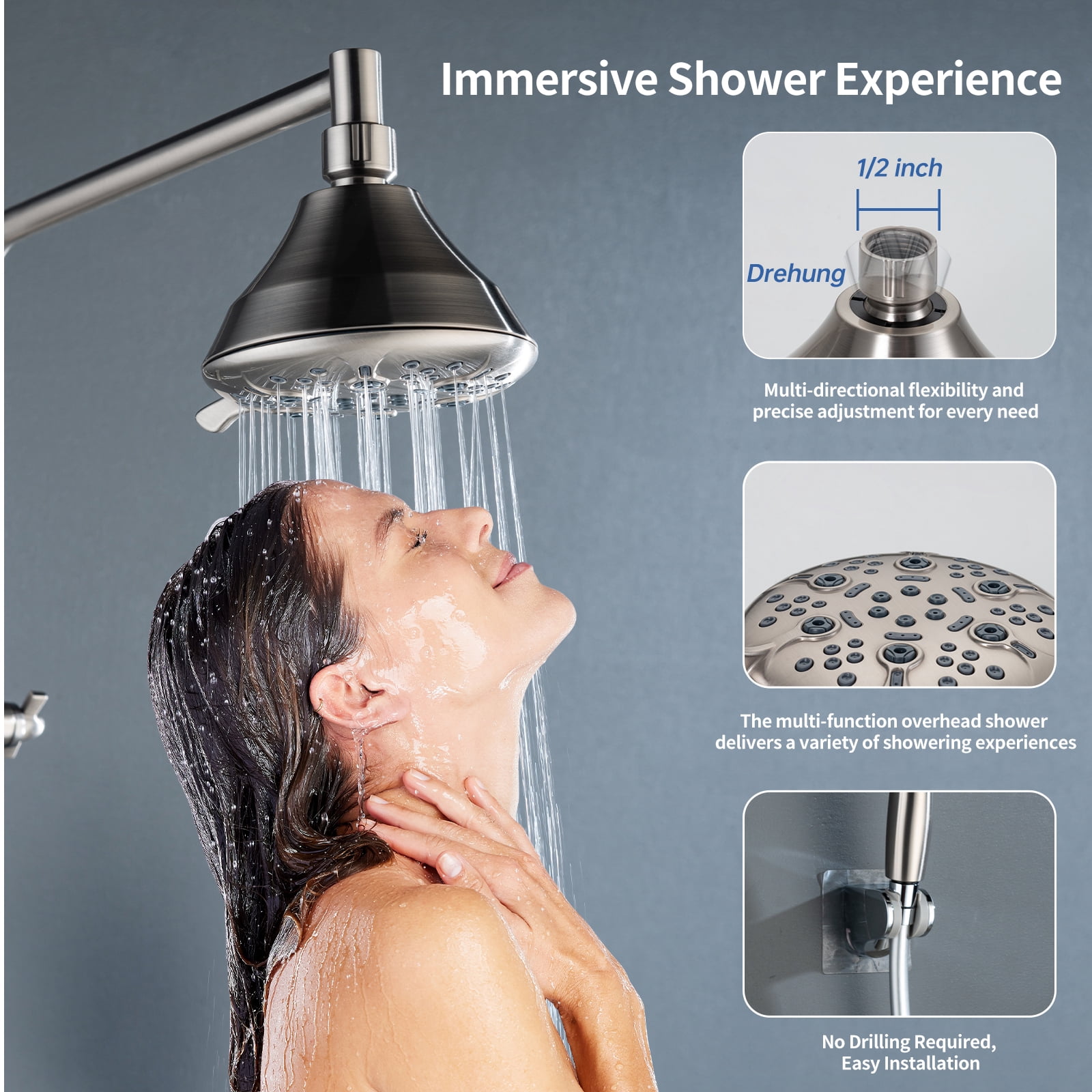 Joyrain Multi-angle adjustable showerhead& Handheld High-pressure 8 Spray Modes Shower Head, Rain Shower Combination with 90° Adjustable Extension Arm
