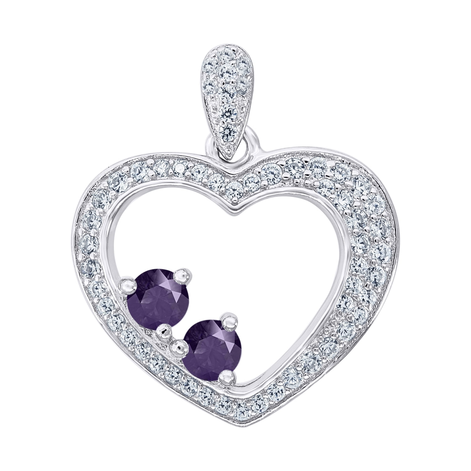 925 Sterling Silver Womens CZ Cubic Zirconia Simulated Diamond 2 Two Purple Stone Love Heart Charm Pendant Necklace Jewelry Gifts for Women