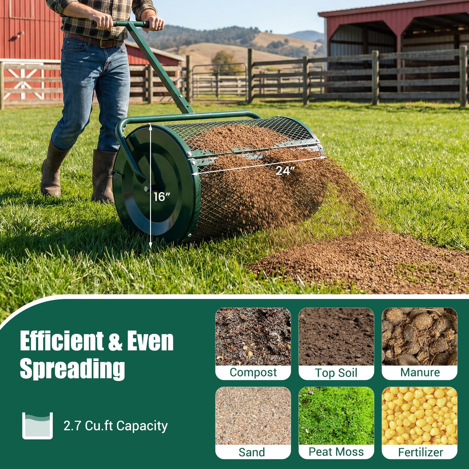 Gymax Compost SpreaderPeat Moss Spreader Roller w/Height-adjustable T-shape Handle Green