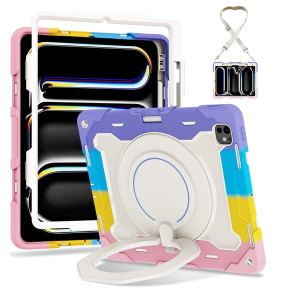 FJLBDE Case for iPad Pro 13 Inch (M5) 2025 / (M4) 2024 with 360 Kickstand, Shoulder Strap Carrying Protective Cover, Multicolor Pink