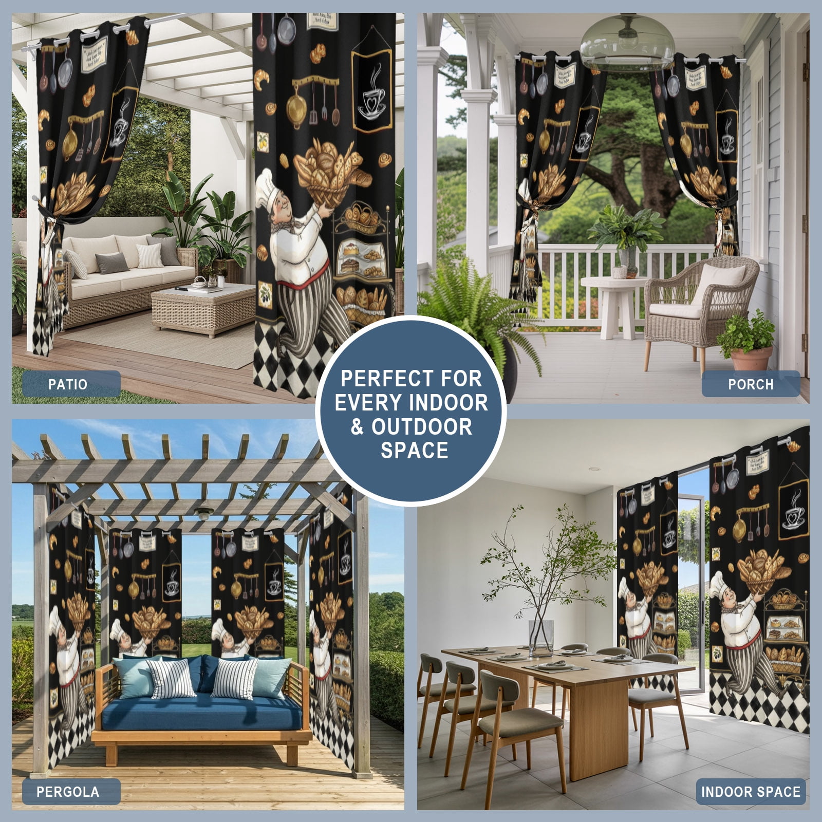 Retro Cartoon Chef Outdoor Curtains for Patio, Vintage Break Farmhouse Traditional Food Black Sunshade Privacy Drapes Grommet Waterproof Outside Curtains for Porch/Cabana/Balcony 54"x 108", 1 Panel