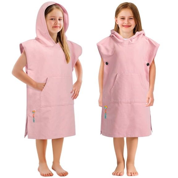 SUN CUBE Kids Towel Changing Swim Robe Surf Poncho, Quick Dry Microfiber Hooded Wearable Blanket for Boys Girls 3-7 Years, Light Pink
